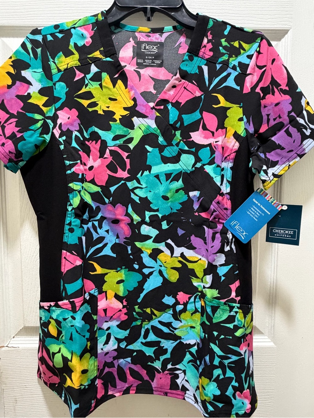 Cherokee-Black Floral V-Neck Scrub Top with Multicolor Floral Print